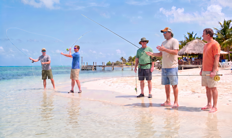 Wurfkurs mit Fliegenfischern am Strand